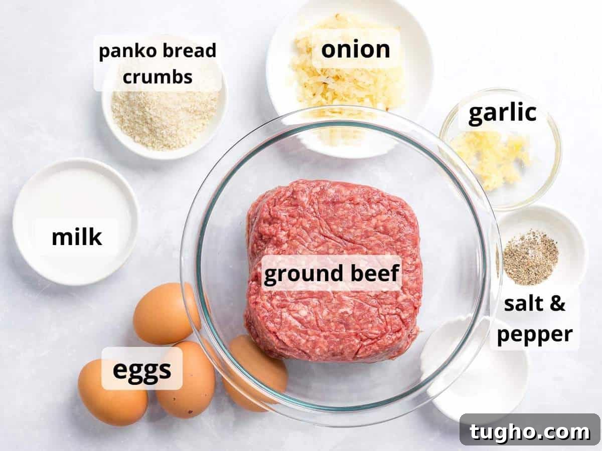 Loco Moco Recipe: Hawaiian Burger with Savory Brown Gravy 4 Ingredients for loco moco in glass containers including ground beef, eggs, onions, and seasonings.