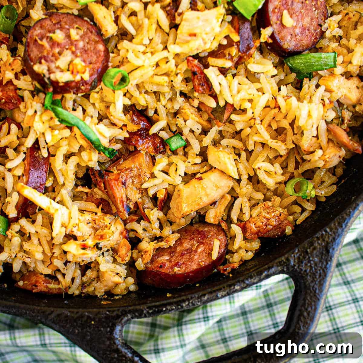 Overhead close up shot of a pot full of a real Cajun jambalaya.