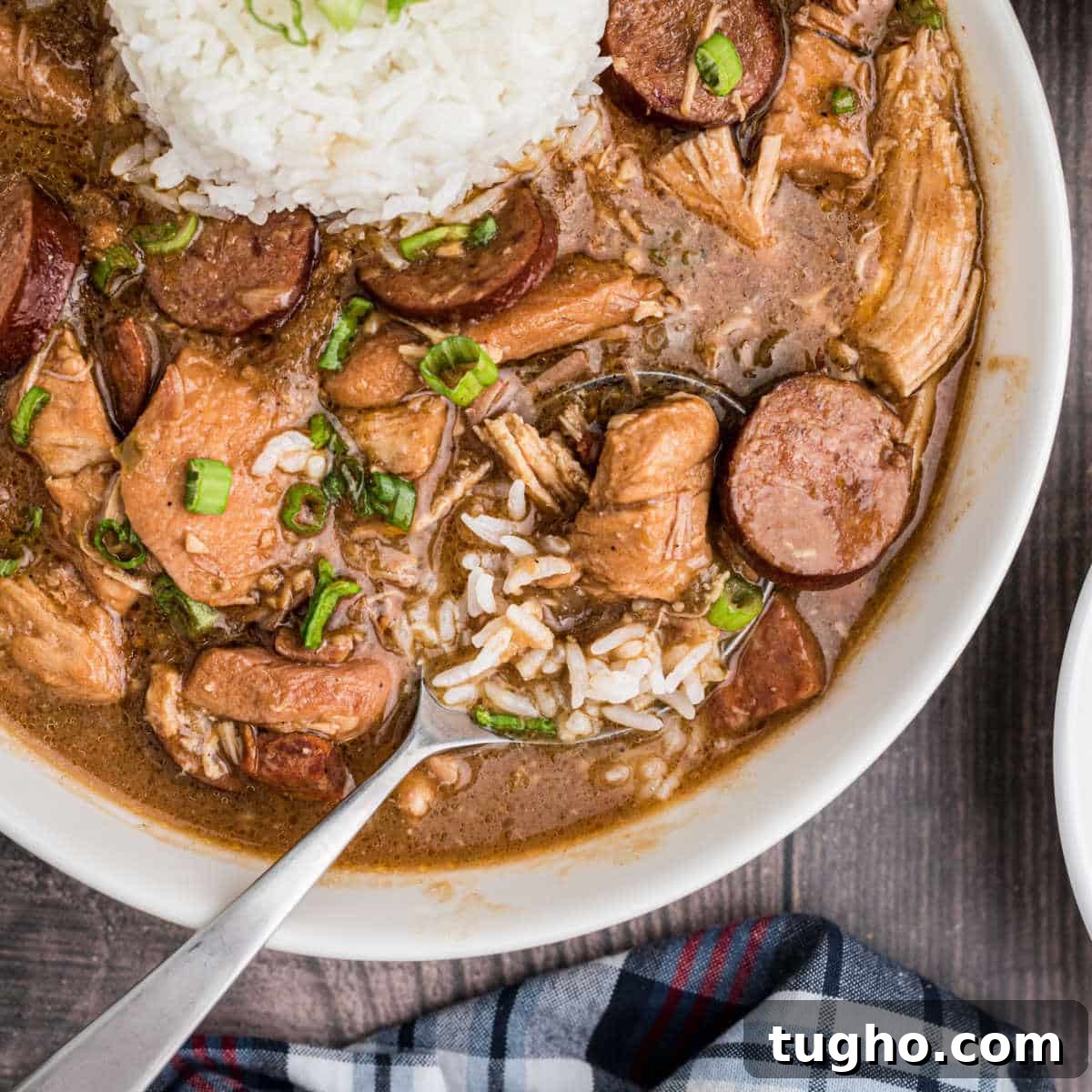 a close up of a bowl of chicken and sausage gumbo with a spoon sitting in it, looks like it's about to lift up, with some rice too