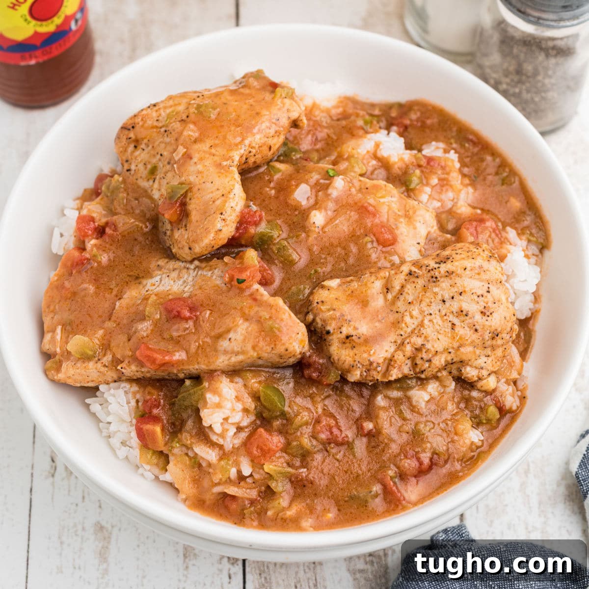 Overhead close up of a bowl of catfish courtbouillon over rice.