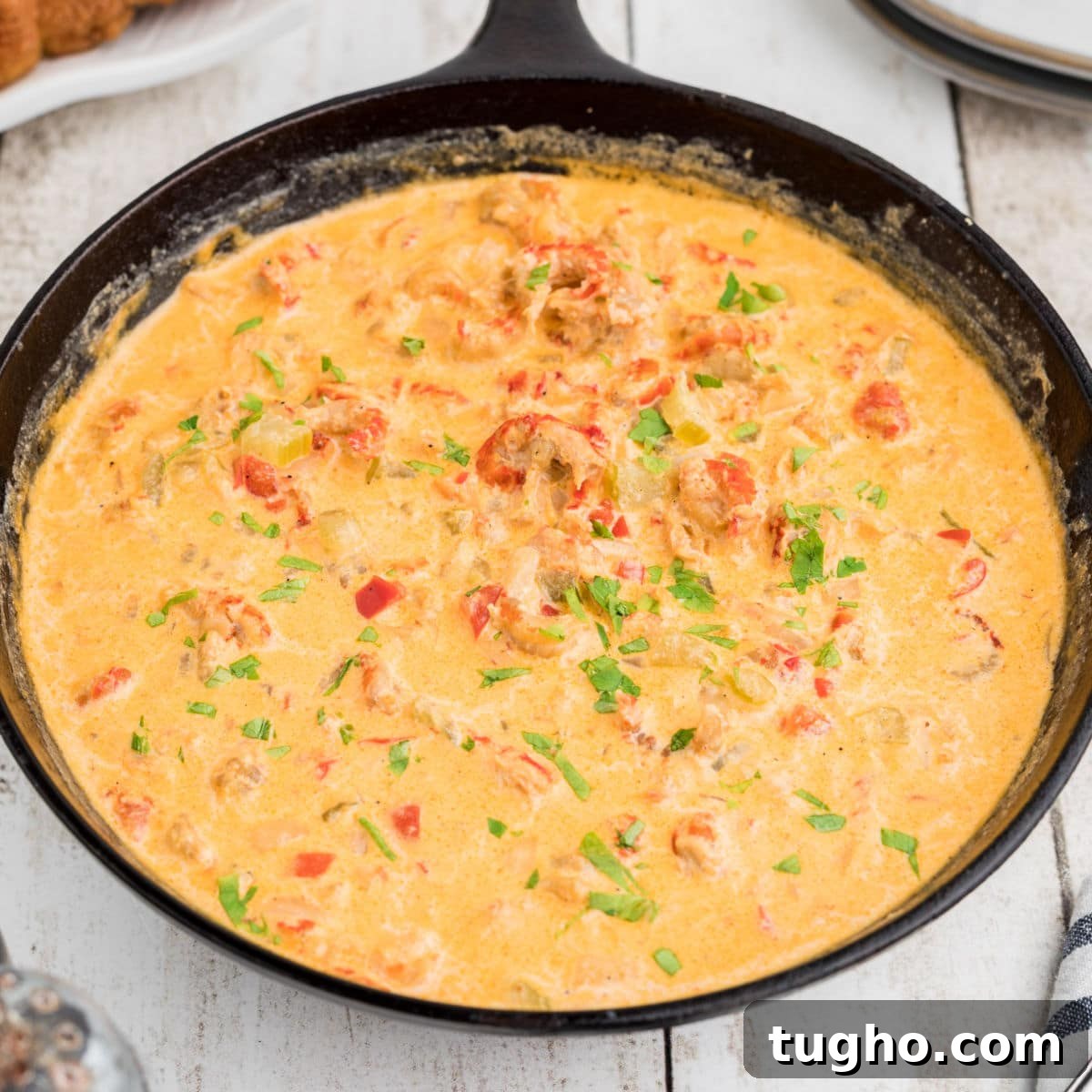 Side view of a skillet full of crawfish sauce.
