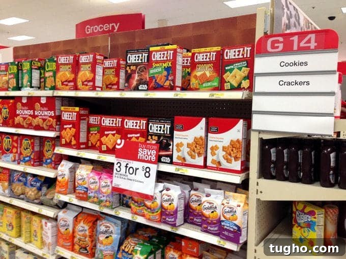 Cheez-It Hot and Spicy Grooves with Tango Sausage Cheese Dip 9 A store shelf with crackers