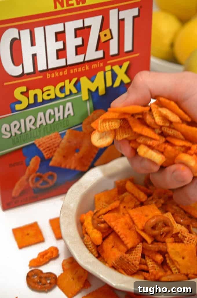 Cheez-It Hot and Spicy Grooves with Tango Sausage Cheese Dip 10 a handful of snack mix