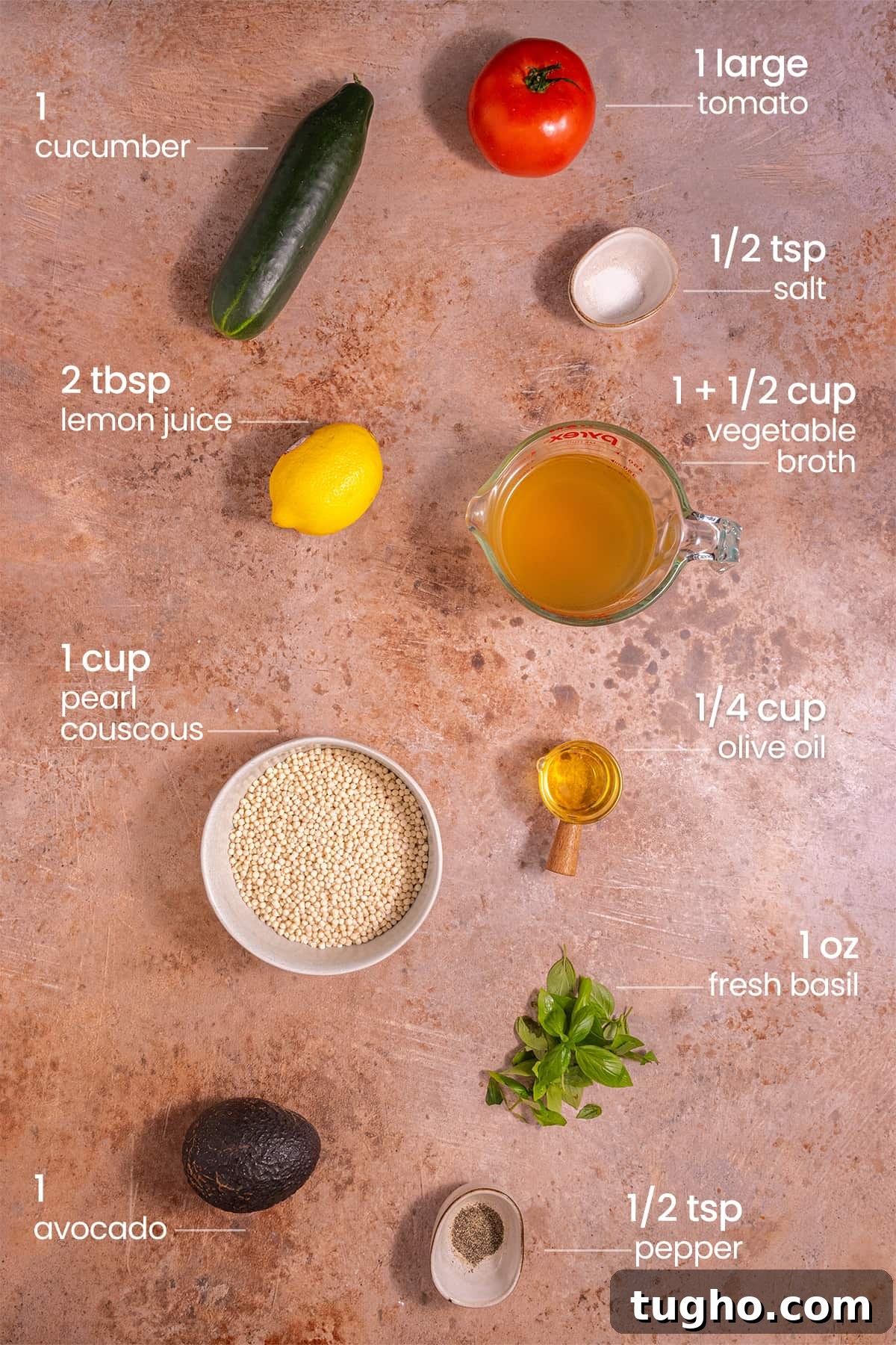 Vegan Lemon Pearl Couscous Salad 3 All ingredients for vegan couscous salad including cucumber, tomato, salt, lemon, vegetable broth, olive oil, pearl couscous. basil, avocado, and pepper