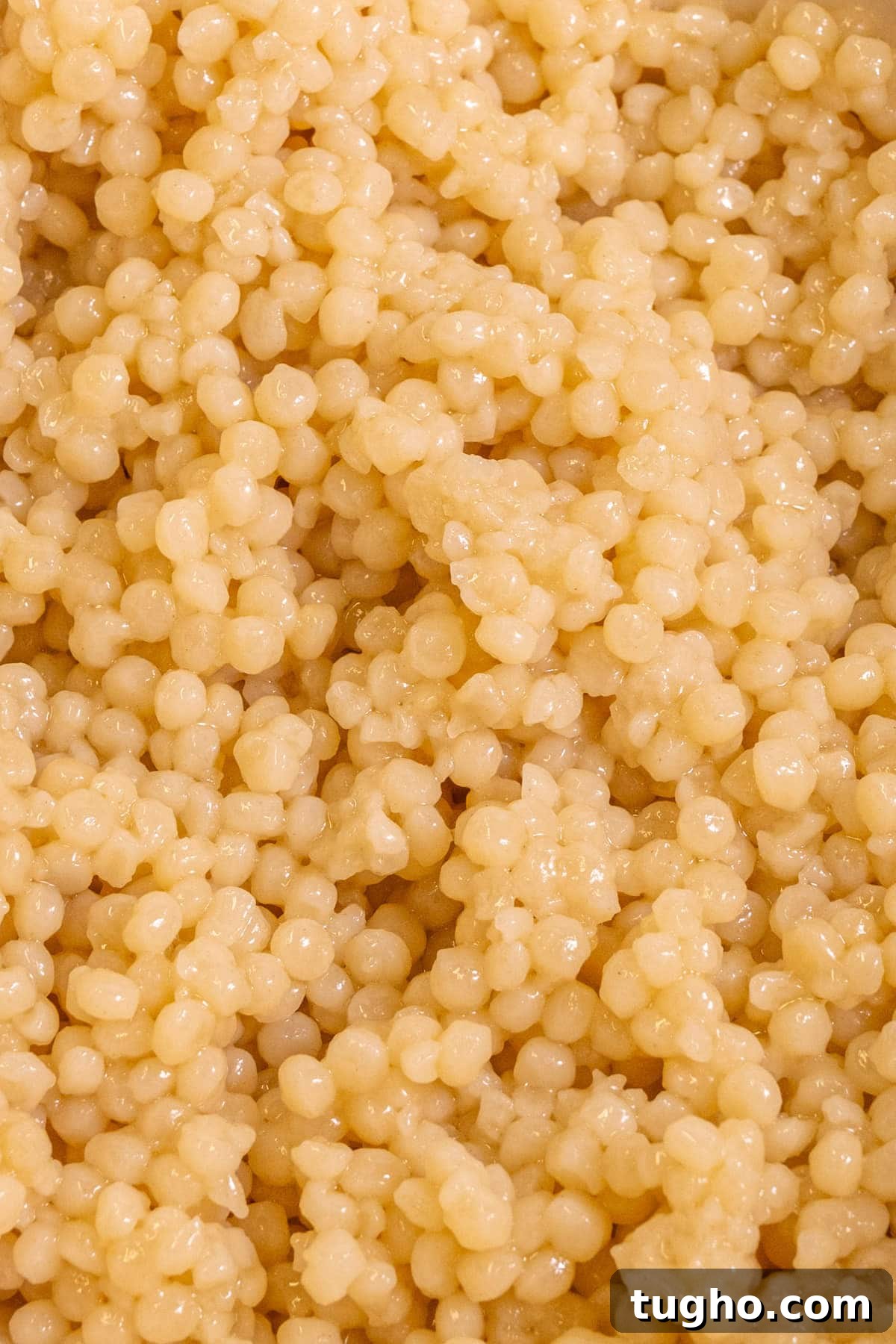 Vegan Lemon Pearl Couscous Salad 4 Close up of couscous dressed with lemon and olive oil